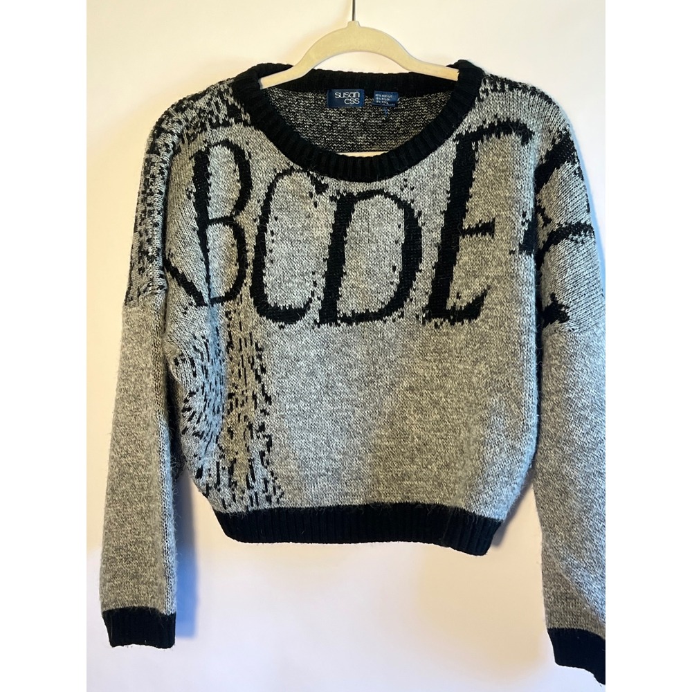 Vintage Cropped Alphabet Knit Sweater Grey Black Dolman Oversized Twee Medium